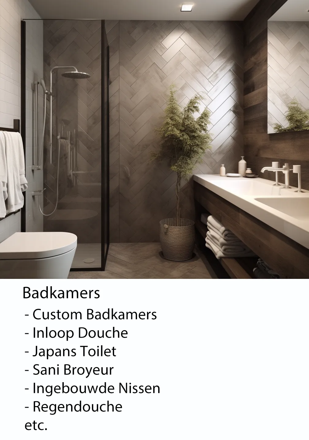 badkamers; custom badkamers, inloop douche, japans toilet, sani broyeur etc.